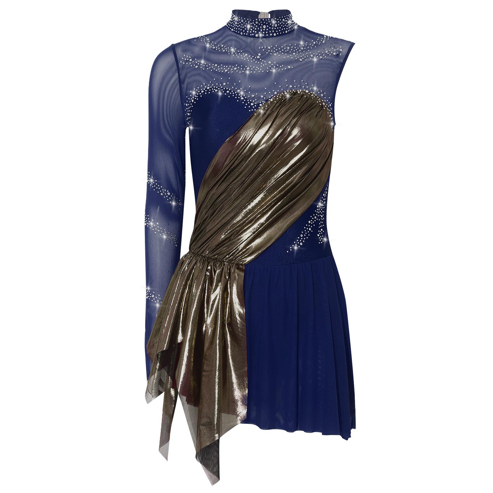 

Womens Long Sleeve Asymmetrical Metallic Ruched Ruffles Color Block Rhinestone Skating Dress S темно-синього кольору