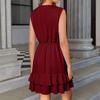 Sleeveless V Neck Dress for Women Ruffle Trim Casual Summer Dress with Waist Tie and Flared Skirt Lightweight Fabric