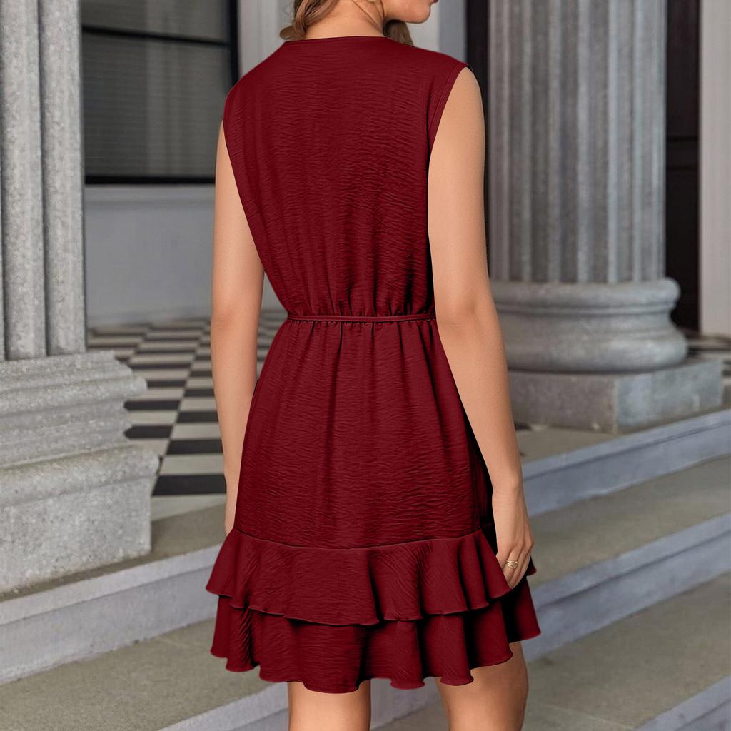Sleeveless V Neck Dress for Women Ruffle Trim Casual Summer Dress with Waist Tie and Flared Skirt Lightweight Fabric