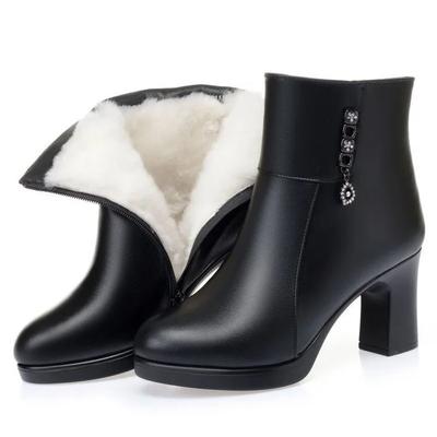 Modne Skórzane Damskie Zimowe Botki do Kostki Zapinane na Zamek Boczny Buty na Wysokim Obcasie Ciepłe Grube Pluszowe Śniegowce dla Kobiet Botines De Mujer
