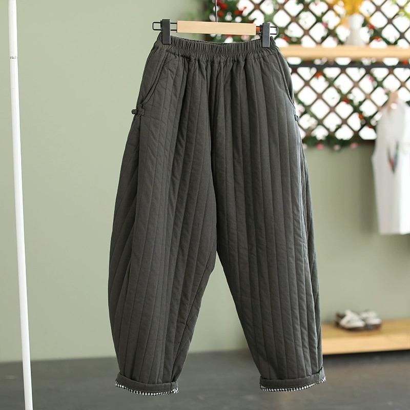 Winter Warm Clip Cotton Thickened Retro Down Cotton Pants Women's Outwear Elastic Waist Loose Relaxed Pants