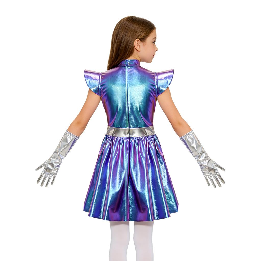 Girls Alien Cosplay Dress Metallic Hollow Out Flying Sleeve Back Zipper Ruffled Dress Gloves Robot Outfit