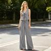 Women's Casual Sweet Set Summer Solid Color Striped Vest and Loose Pants Set with Lace-Up Closure