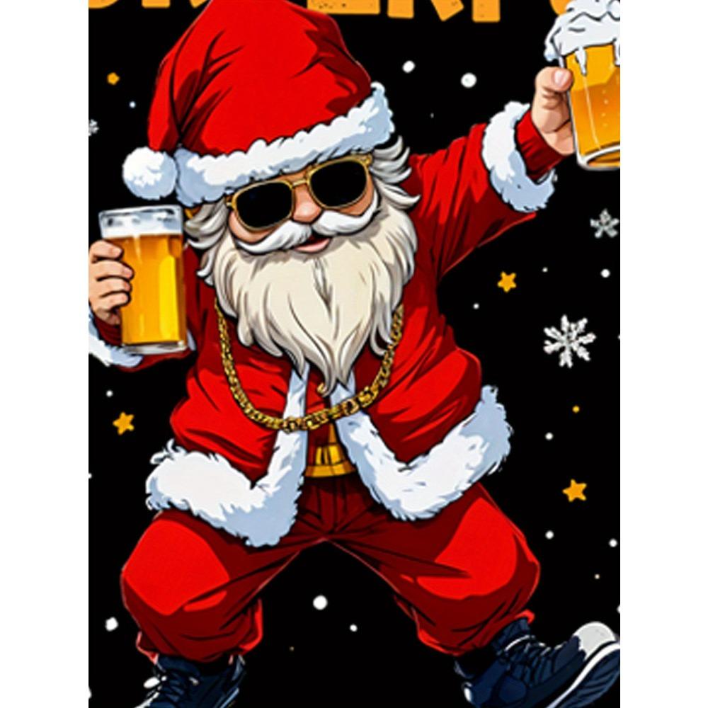 European Sizes Casual Round Neck Short Sleeve Outdoor Top Featuring a 3D Print of a Cool Santa Enjoying Beer