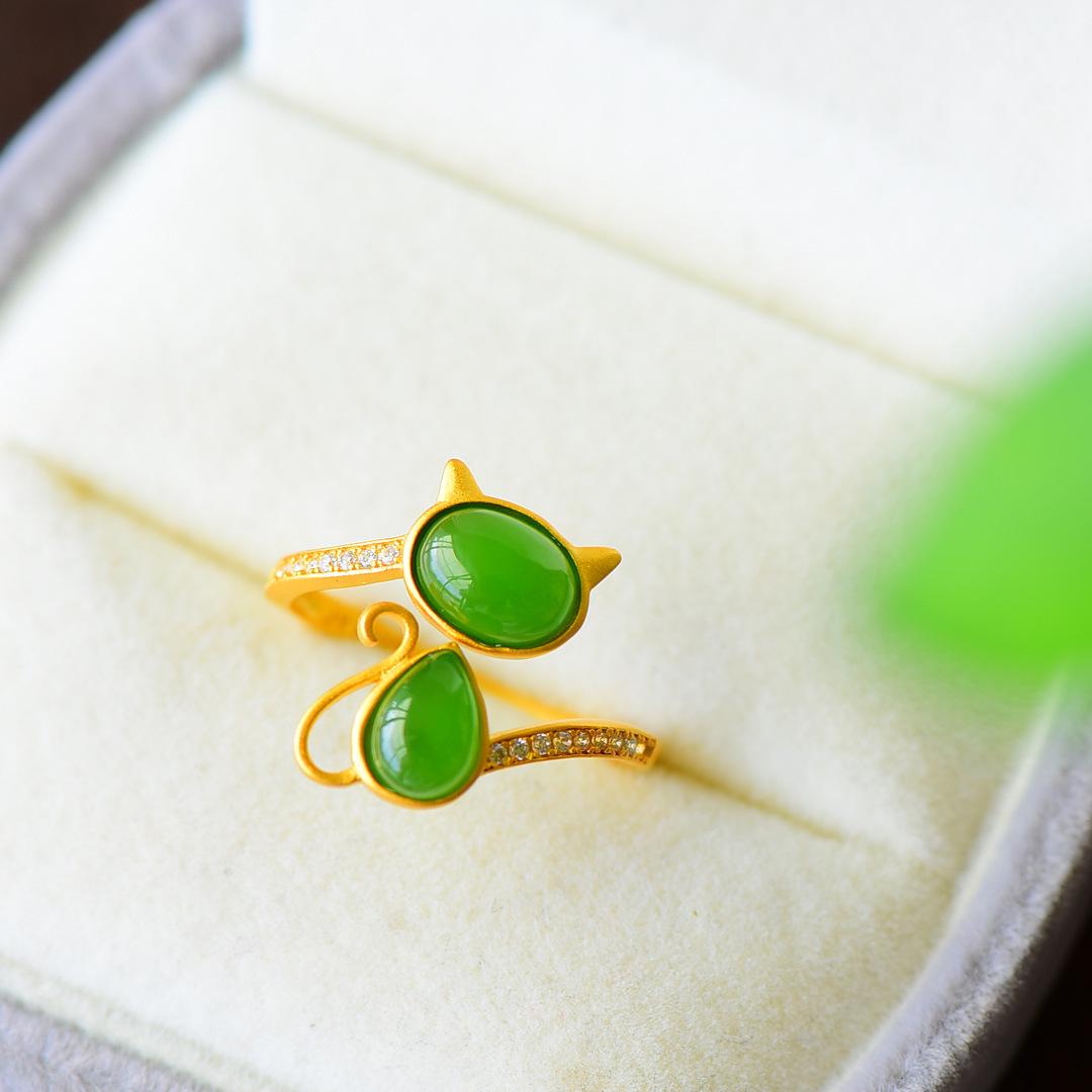 

Adorable Cat Ring with Green Stone - Simple Hetian Jade Style Adjustable