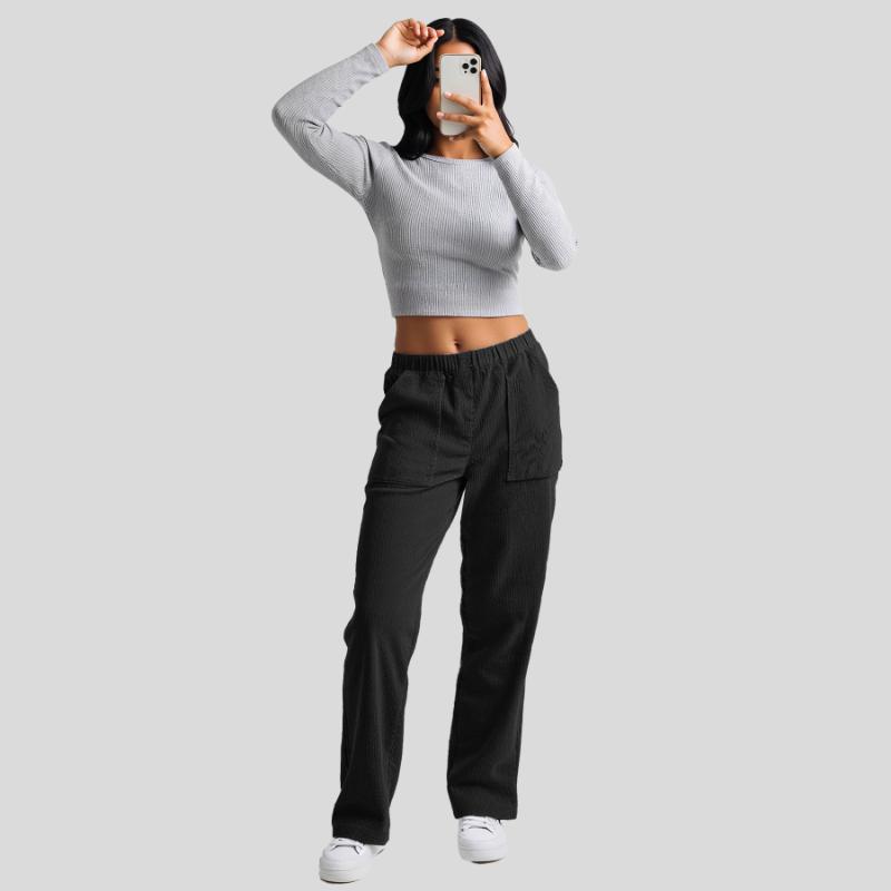 

Women s Autumn Winter Solid Corduroy Elastic Waist Straight Leg Casual Loose Long Trousers S чорний