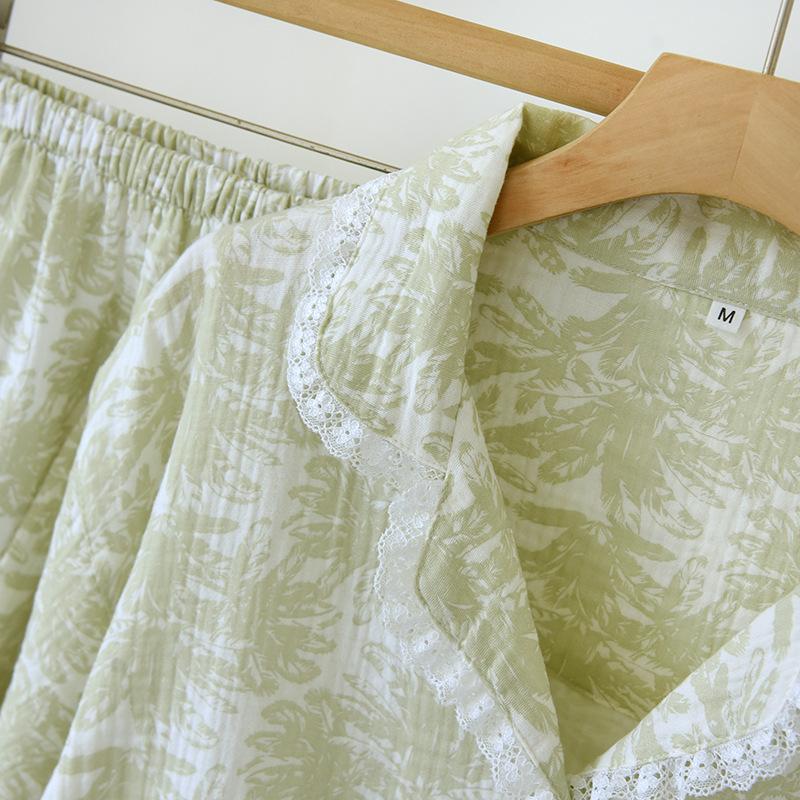 New Japanese Women's Pajama Set 100% Cotton Crepe Short Sleeve Shorts Two Piece Ladies Cardigan Home Furnishing Sleepwear