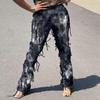 New Women's Autumn Tie-Dye Frayed Jeans, Distressed Design Boho Streetwear Casual Denim Pants with Fringe Hem, Artistic Baggy Trousers