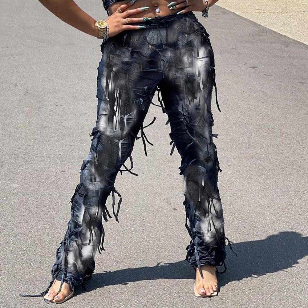 New Women's Autumn Tie-Dye Frayed Jeans, Distressed Design Boho Streetwear Casual Denim Pants with Fringe Hem, Artistic Baggy Trousers