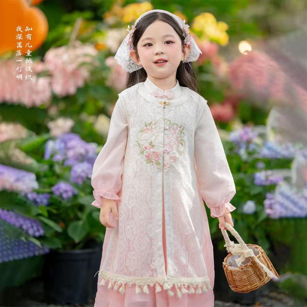 Spring & Autumn 2025 Hanfu Vest Dress Set: Fairy Princess Chinese Style for Girls