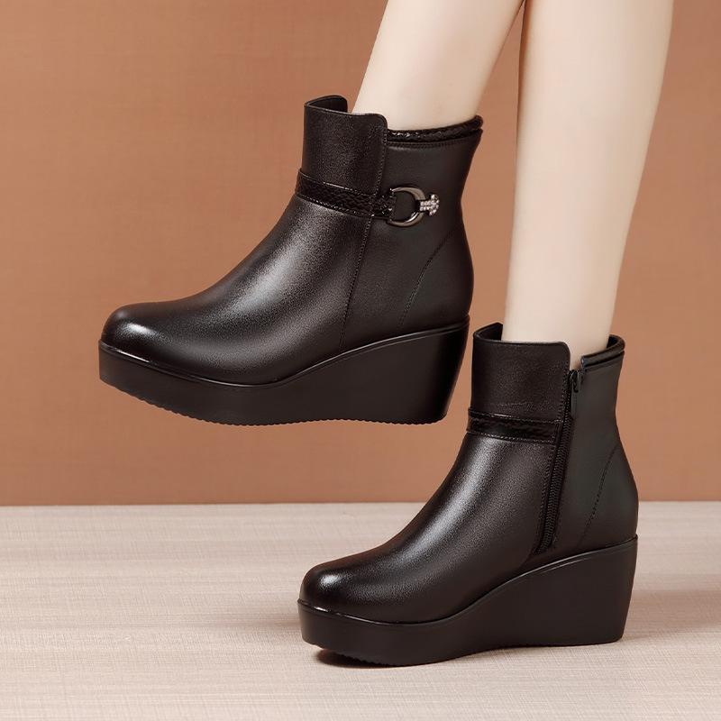 Small Size 32-43 Medium Heel Platform Wedges Boots Women Shoes Fall Winter 2024 Short Ankle Boots Soft Leather Botas Plush