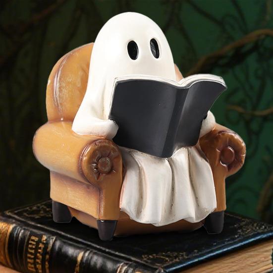 Halloween Ghost Figurine Resin Ghost Sitting on Sofa Reading Book Statue Vintage Table Decoration for Book Lovers Gifts