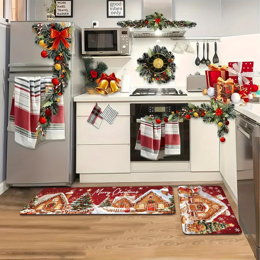 2 ks kuchyňské koberečky proti únavě Vánoční perníčky Vodotěsné Protiskluzové tlusté polstrované kuchyňské podložky Heavy Duty Comfort Stojací podložka do kuchyně