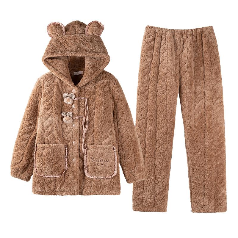 Verdickter und Samtiger Dreilagiger Gepolsterter Pyjama Damen Winter Korallenfleece Mit Kapuze Hausanzug Herbst Und Winter