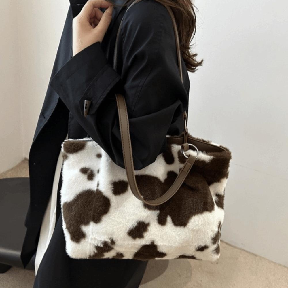 Large Capacity Plush Tote Bag Durable Underarm Bag Fashion Cow Print Shoulder Bag  Winter