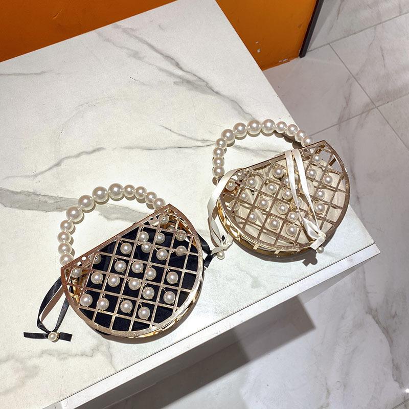 Stylish and Simple Beaded Pearl Bag Dinner Bag Hollow Semicircular Handbag Metal Bucket Bag