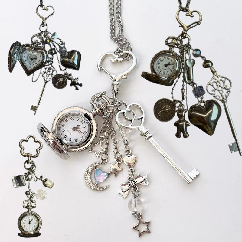 1Pcs Steampunk Clock Vintage Necklace Pendant Jewelry Watch Heart Pocket Watch Chain Keychain Men Women Gift