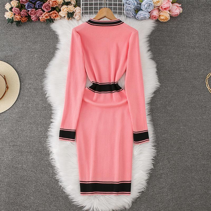 Herbst Winter Frauen Elegante O-Ausschnitt Strickpullover Schlank Bodycon Mantel Pullover Kleider