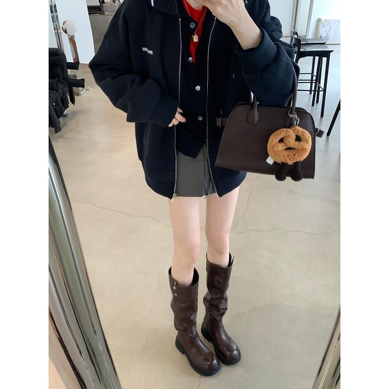 Cowhide version~ grape ma height increase 5cm long boots three-dimensional round head thick sole thick heel snap button knight boots women's tal