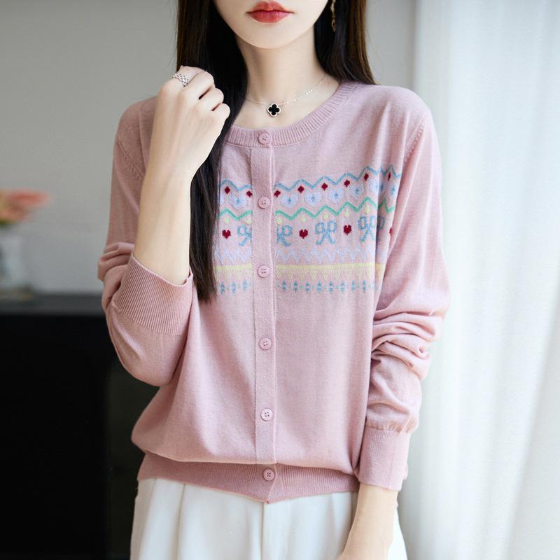 2026 Autumn Women's Color Block Wool Knit Cardigan - Jacquard Round Neck, Korean Style