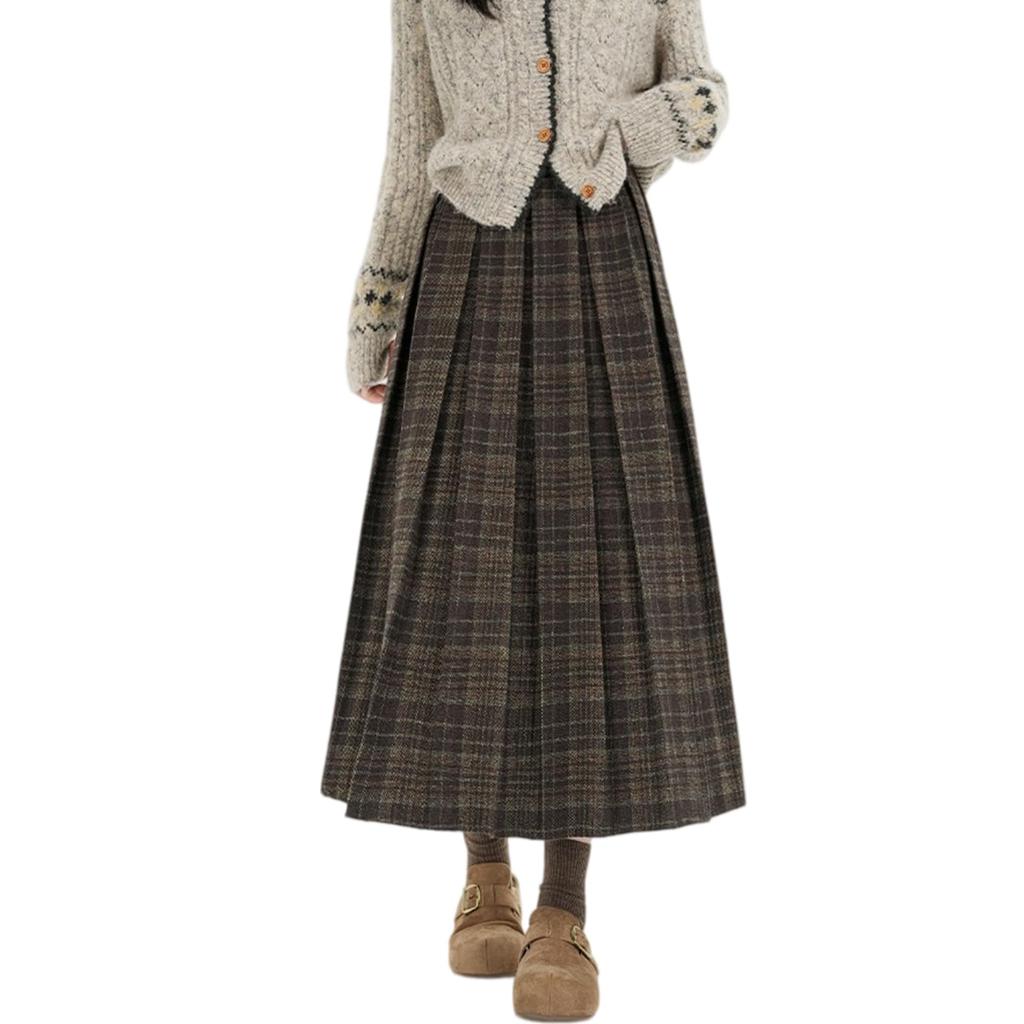 long flared checkered plus sizes elastic flattering everyday Women's skirt, pattern, A-line, available, waistband, fit, casual, wear, spring, autumn.