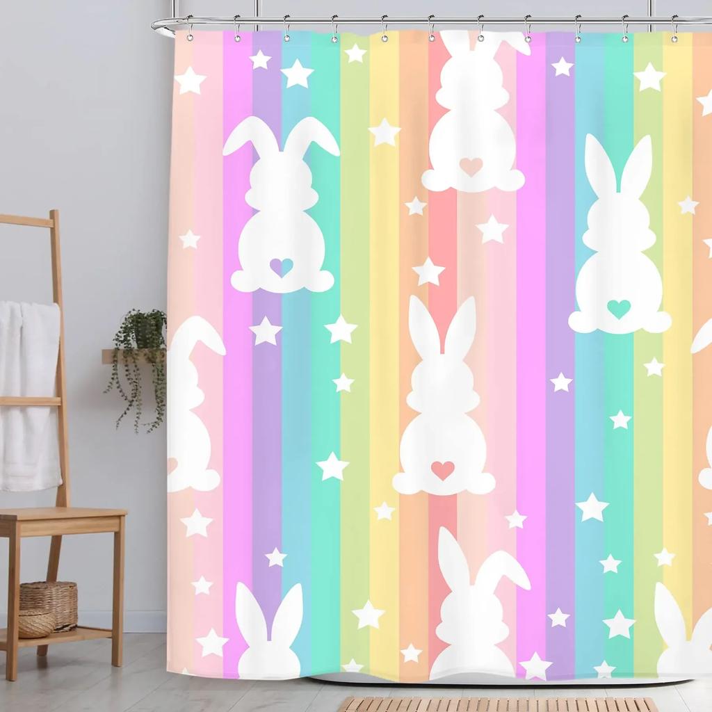 Happy Easter Bunny Shower Curtain Funny Rabbits Pink and Blue Eggs Bath Curtain Polyester Fabric Waterproof Bathroom Curtain Set