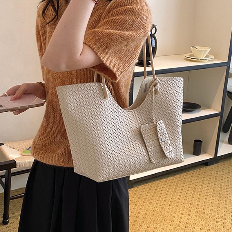 Vintage Woven Leather Tote Bag With Matching Pouch Large Capacity Shoulder Bag For Work Daily Commute Retro Casual Underarm Bag