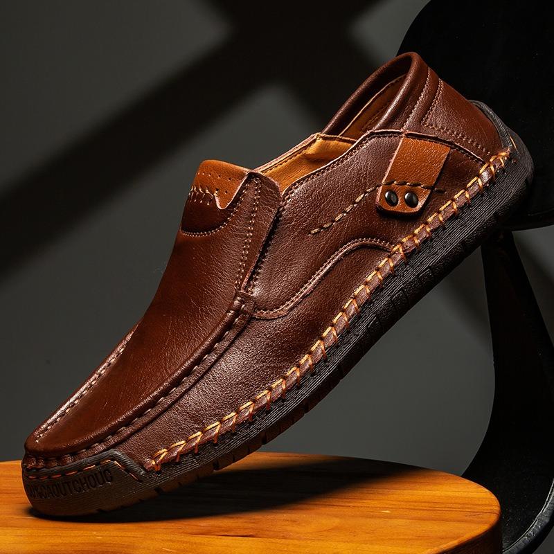Hand-Stitched Slip-On Leather Loafers | Men Outdoor Casual Flat Low-Cut Shoes Big Sizes