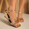 Fashion New Silver Wedge Sandals and Slippers for Summer Women's Square Toe Open Toe Woven Slip Strap High Heels