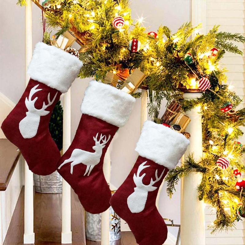 Christmas Stockings Hanging Socks Snowflake Elk Deer Tree Hanging Candy Gift Bag Xmas Tree Ornament Home Decorations