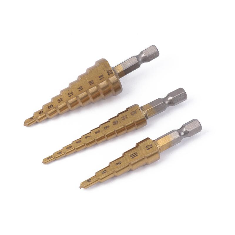 3Pcs Hss Titanium-Coated Spiral Groove Step Drill Bit 3-12 4-12 4-20 Power Tool Step Drill Bits Set Metal Multi-Hole Taper Drill