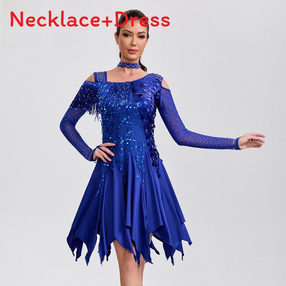 Vestido de Danza Latina Disfraz de Actuación Con Lentejuelas Manga Larga Flecos Para Mujer