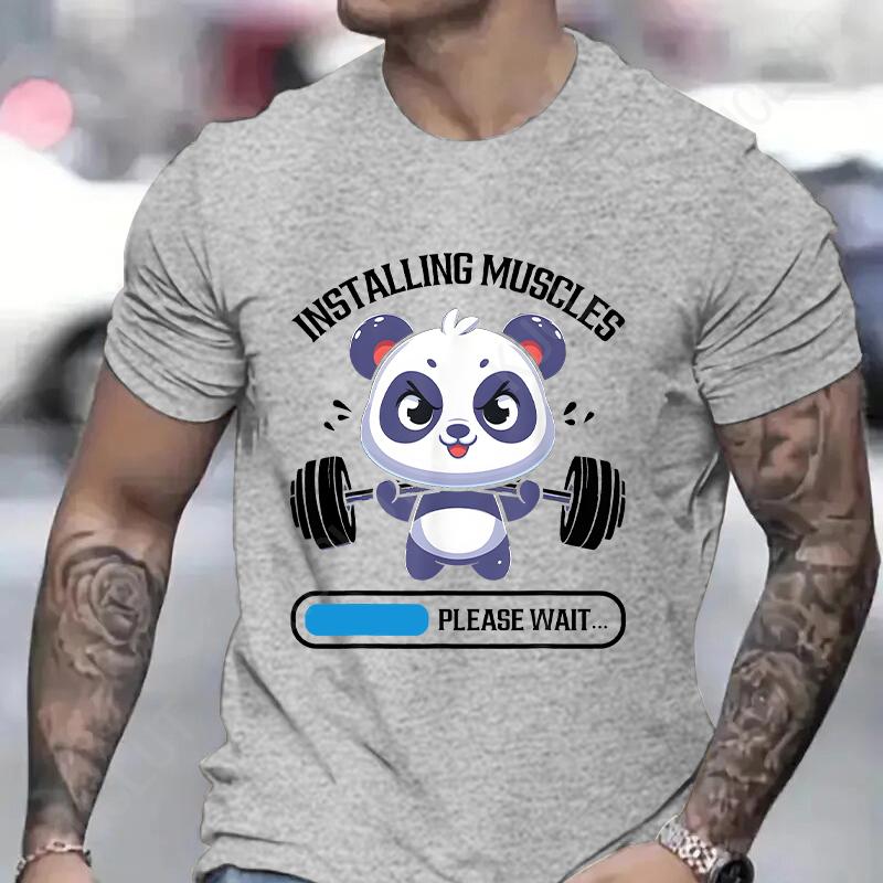 Funny Panda Gym Print T-Shirt Summer Tees for Men Women O-neck Casual Short Sleeve Weightlifting Installing Muscles Fashion Tops