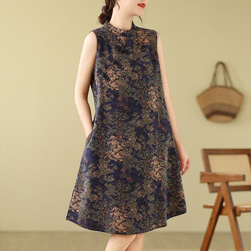 Retro Modified Disc Button Cheongsam Skirt Loose Slimming Sleeveless Printed Dress