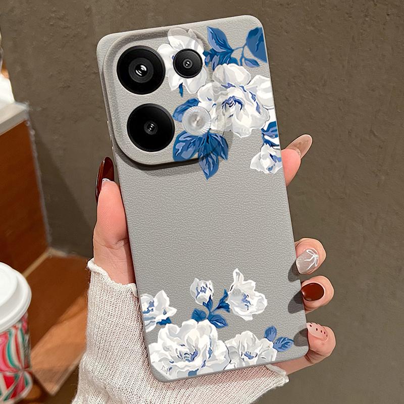 White Gardenia Floral Pattern Case For Xiaomi 14T 13T 11T Pro Funda Redmi Note 14 13 12 11 Pro 5G 4G Leather Texture Silicone Cover
