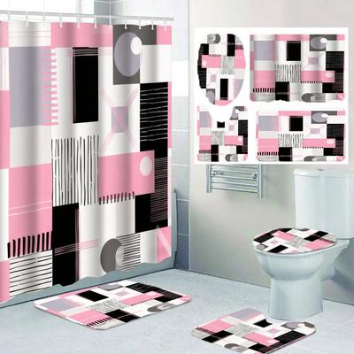 1/4 Geometric Grid  Print Shower Curtains, Toilet Seat Decoration, Shower Curtain with Carpet and Toilet Lid, 70.8x70.8 Inch