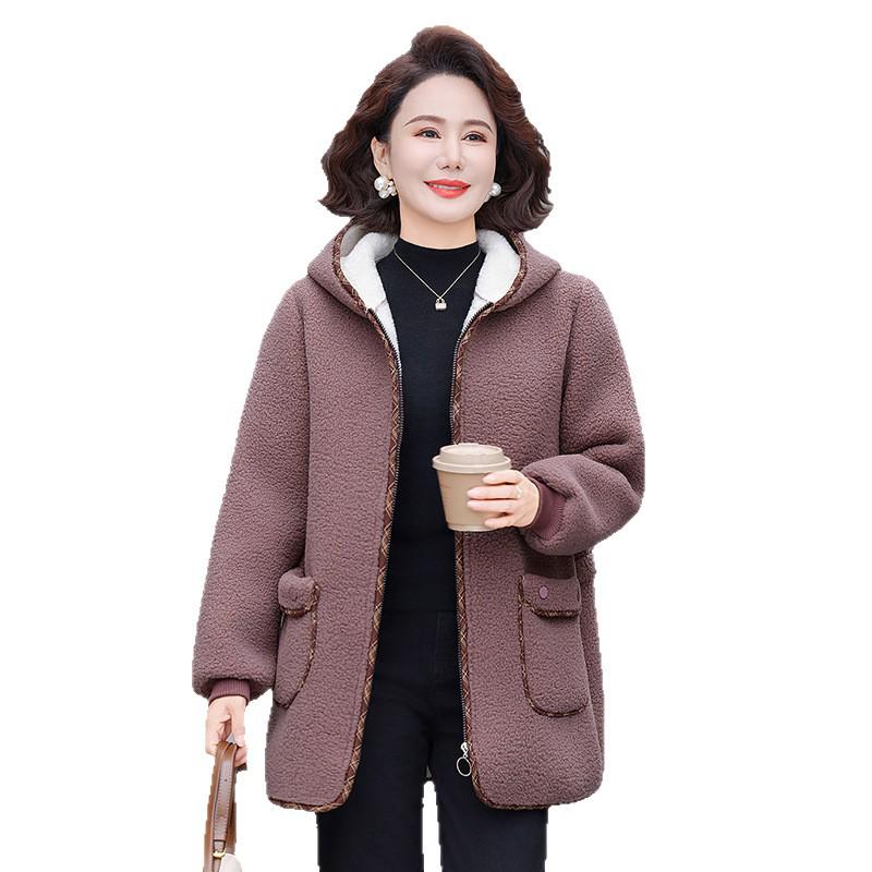 Mom's Winter Particle Fleece Hooded Jacket: Velvet-Thickened, Lambswool Cardigan for Middle-Aged and Elderly Women