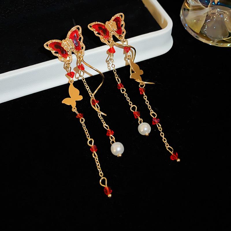 

Zinc Alloy Needle Butterfly Zircon Long Tassel Pearl Earrings for Women New Fashion Drop Earring Light Luxury High Sense Zircon