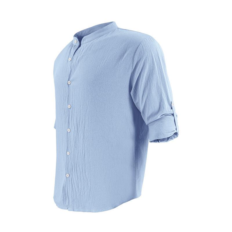 Cotton Linen Hot Sale Men's Long-Sleeved Shirts Summer Solid Color Stand-Up Collar Casual Beach Style Plus Size