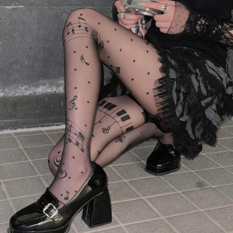 Jewelry Ring 1 Women's Black New Musical Note Print Stockings Nightclub Sexy Mesh Sheer Tights Symbol Lolita Tights Y2k Silk Pantyhose Hosiery Cm