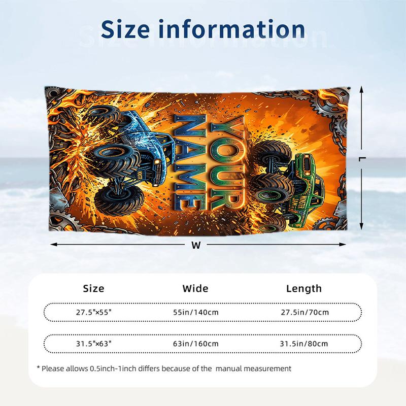 Monster Truck Thema Strandtuch Personalisiert mit Name & Text Weich Schnelltrocknend Strandtuch für Schwimmen Reisen