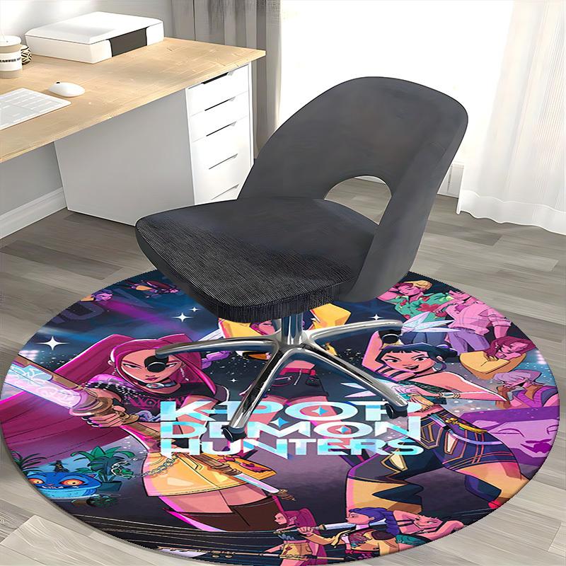 1pc KPOP Demon Hunters Anime Cartoon Design Round Carpet  Office Chair Mat, NonSlip Rug for Home Decor, Living Room, Bedroom