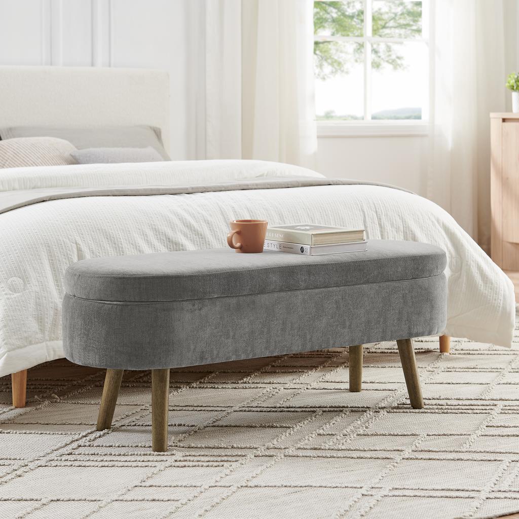 Multifunctional Bench, Soft Chenille, Wood Legs, Wood Frame, 20L Storage Space, 110x40x42cm, for Bedroom, Living Room, Shoe Bench, Hallway, Dark Gray