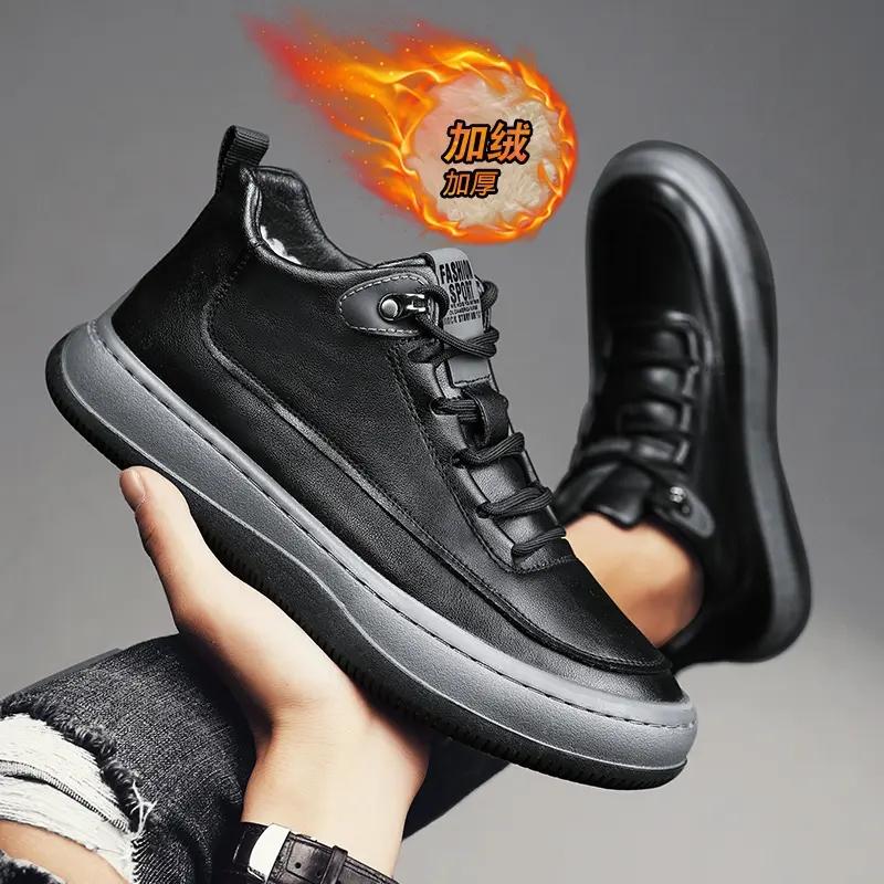 Pánské boty na běžecké boty pro muže, zimní boty, teplé plyšové boty z kůže, pánské zahušťovací boty pro muže, černé, bavlněné, business boty