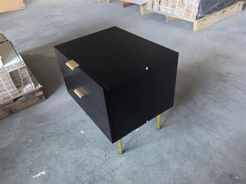 Black Nightstand with Wave Pattern and 2 Drawers, Bedroom Nightstand, Modern Nightstand with Metal Legs, 1 Piece