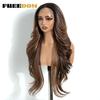 FREEDOM Synthetic Lace Front Wigs For Women 28 Inches Long Layered Wavy T Part Ombre Brown Blonde Wig With Bangs Cosplay Wigs