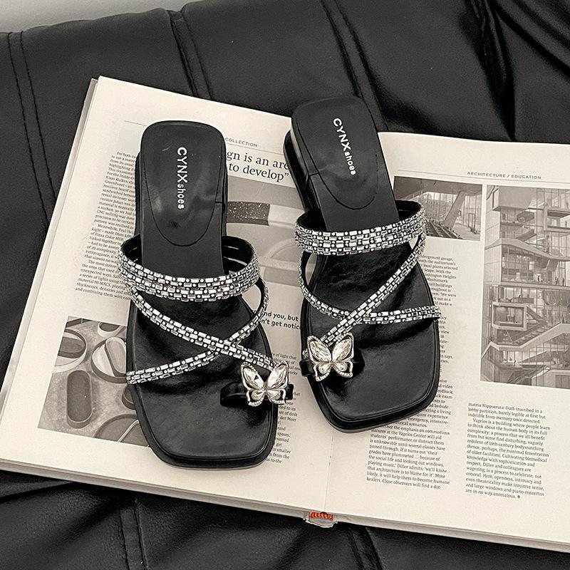 With Skirt Rhinestone Beach Flip-flops Sandals Women's 2025 New Summer Wear Wedge Heel Beautiful Set of Toe Cool Slippers