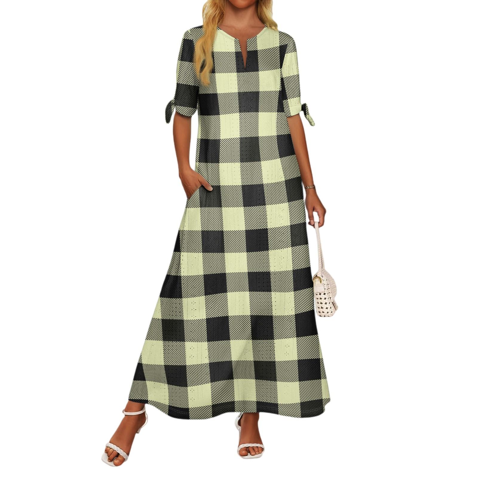 

Женское повседневное модное темпераментное элегантное платье макси с принтом в клетку на талии XL жёлтый