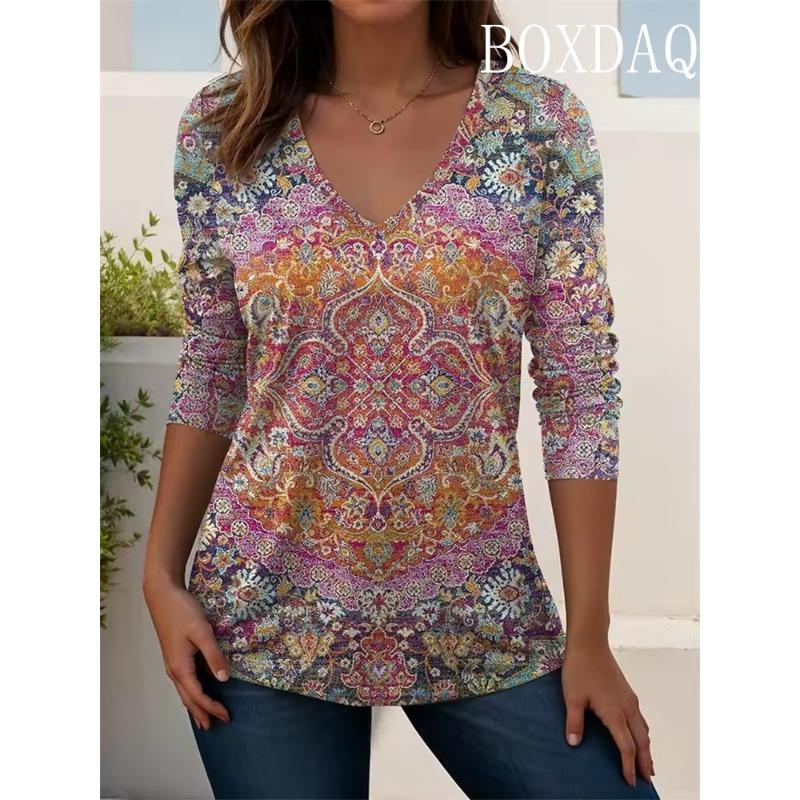 Women's V-Neck T Shirt Ethnic Retro Print Long Sleeve Shirts Fashion Plus Size Loose Autumn Winter Casual Wear Tops Y2k Clothes