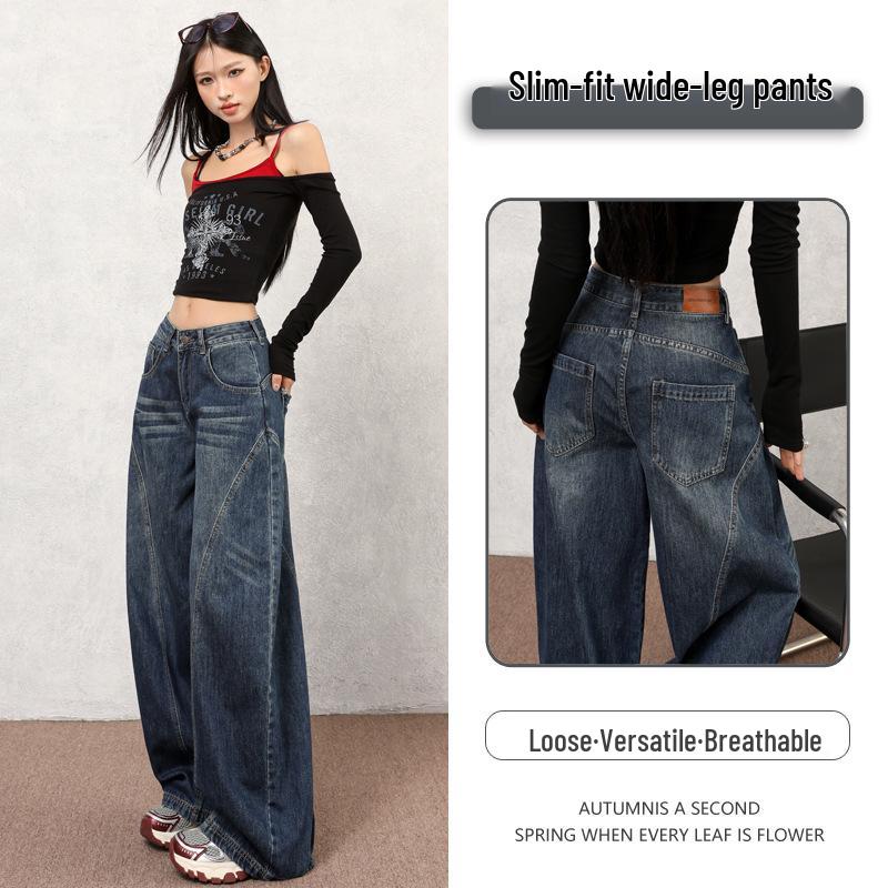 Women's Retro Wide-Leg Cat Scratch Patchwork Jeans - Autumn 2025 Collection